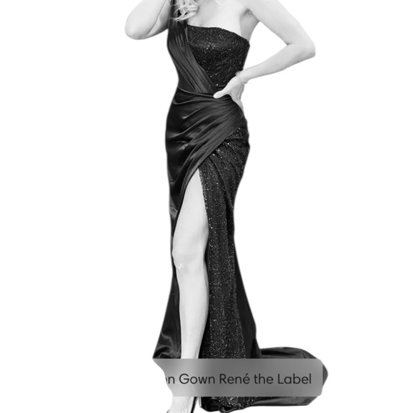 One shoulder black, hand beaded satin XXL corset back, formal dress - Picture 3 of 6